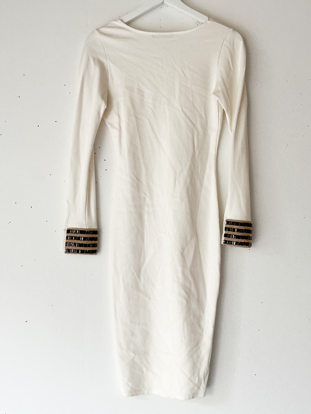 Lac Bleu Women's Ivory White V Neck Long Sleeve Embellished Cuff Midi Dress S